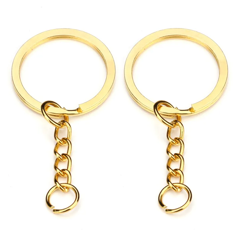 Llavero de oro de 28 mm Llavero Anillos divididos redondos con cadena corta Llaveros de bronce de rodio Mujeres Hombres Joyería DIY Fabricación de llaveros Accesorios