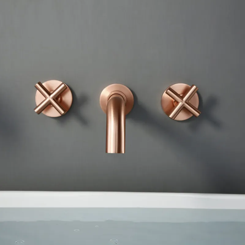 Brass Brushed Rose Gold Brass Double Cross Handle Bath Wall Mounted 3 Hole Water Bathroom Home Sink Faucet Hot Cold Tap In-Wall