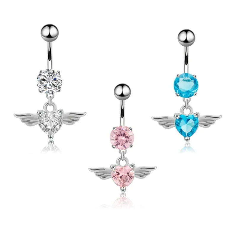 Chirurgische stalen buikknop navel ringen hart stijl hanger vleugels Dangle Crystal body piercing sieraden sieraden zilver (wit, roze, blauw)
