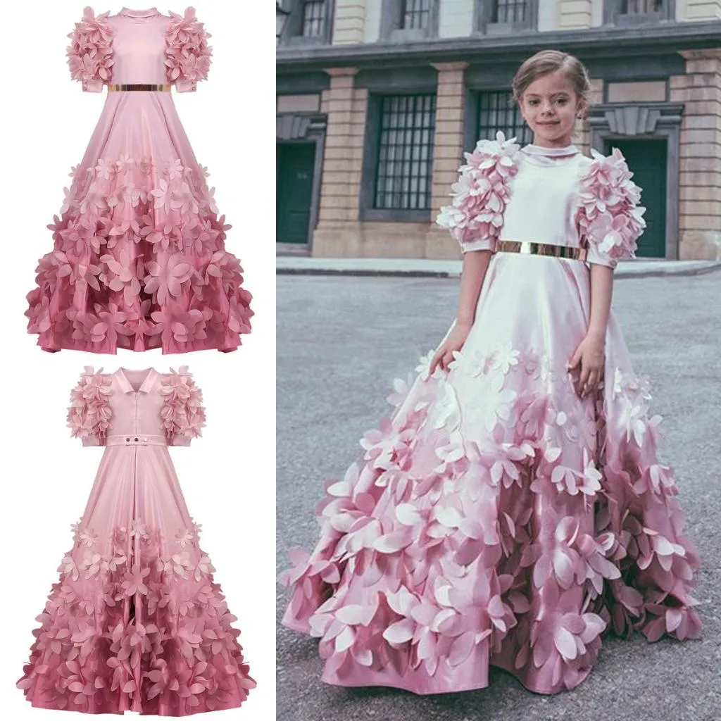 Luxury 3D Appliques Flower Girls Dresses Long Sleeve Handmade Flowers Girls Pageant Gowns Gorgeous Puffy Satin Prom Dresses