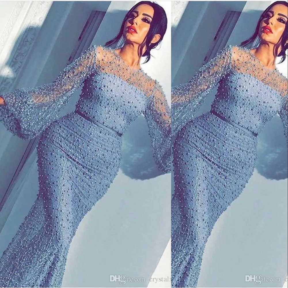 New Sexy Sky Blue Mermaid Evening Dresses Wear Jewel Neck Beaded Pearls Poet Sleeves Lace Sweep Train Sash Celebrity Long Party Prom Gowns
