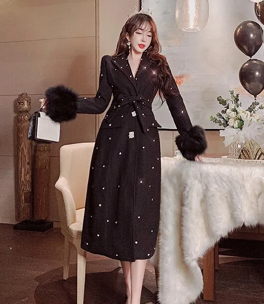 Новый дизайн, женское роскошное лоскутное пальто со стразами и бриллиантами, блестящее длинное пальто из искусственного меха с длинными рукавами и поясом, шерстяное длинное пальто макси266y
