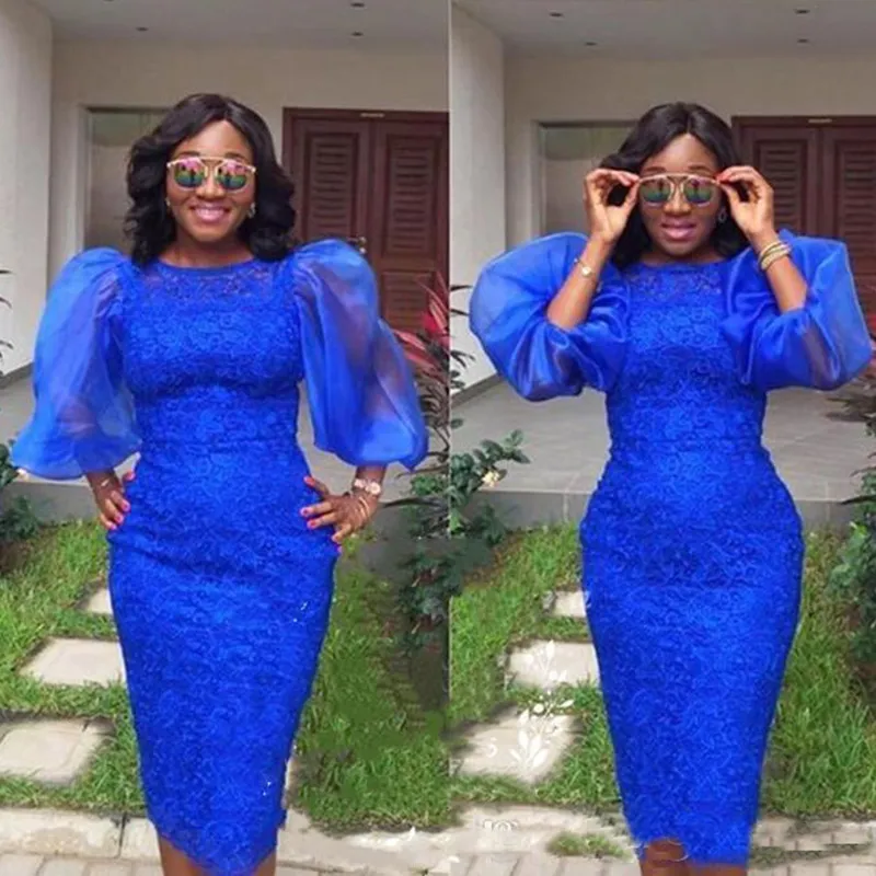 Royal Blue Lace Knee Length Blue Lace Cocktail Dress With Puffy Sleeves Aso  Ebi African Prom & Evening Party Wear Gown From Readygogo, $97.49