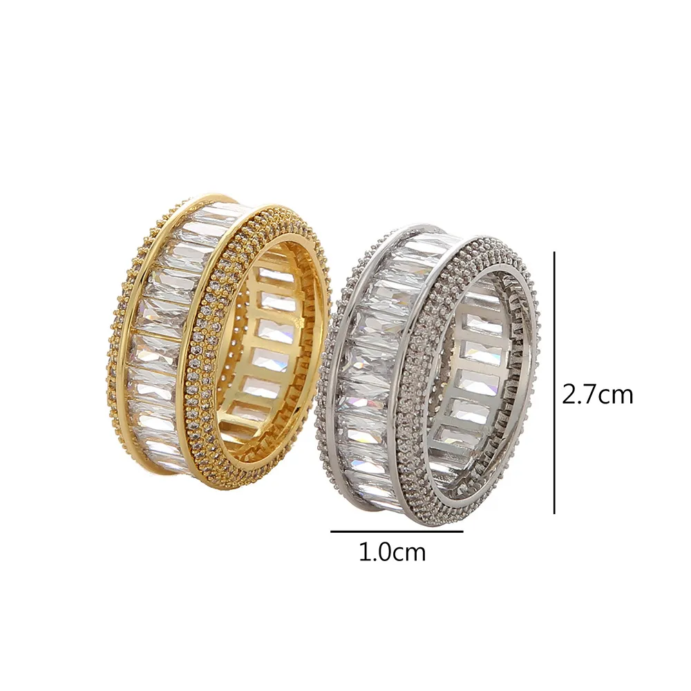 Size 7 12 Iced Out Hip Hop Baguette Ring Zircon Gold Sliver Micro Paved Rings for Man Women Gift