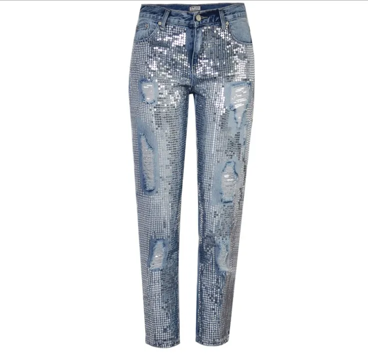 Winter Dames Moeder Hoge Taille Vintage Jeans Vrouw Denim Pailletten Boyfriend Jeans Vrouw Gescheurd Voor Dames Broeken