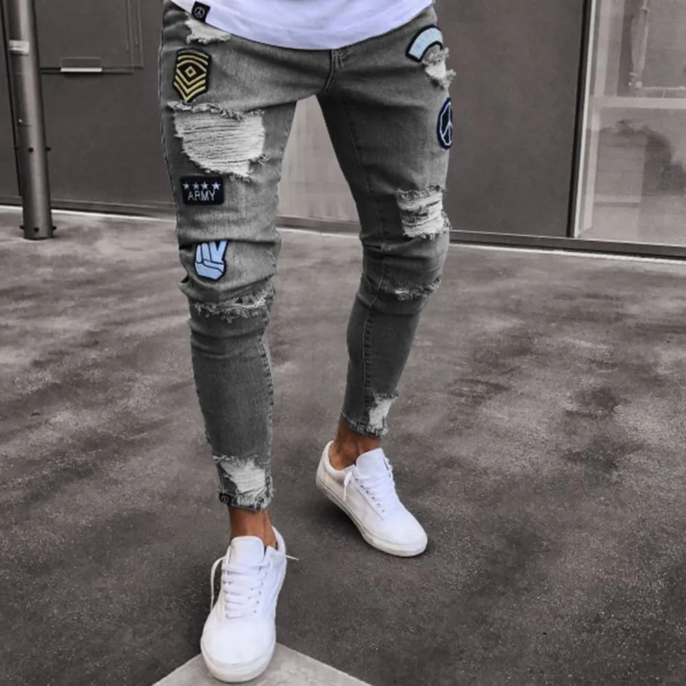 Moda-Mens Skinny Jeans Rasgado Destruído Denim Jeans Slim Fit Esticar Denim Hip Hop Emblema Calças Lápis Bordado Fresco Plus Size Tro