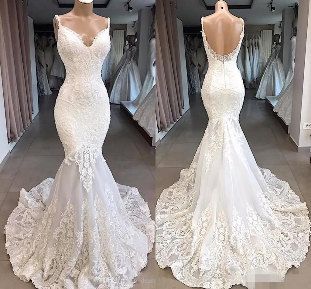 Designer Backless Dresses Mermaid Spaghetti Straps Spets Applique Sweep Train Custom Made Wedding Gown Vestido de Novia 401 401