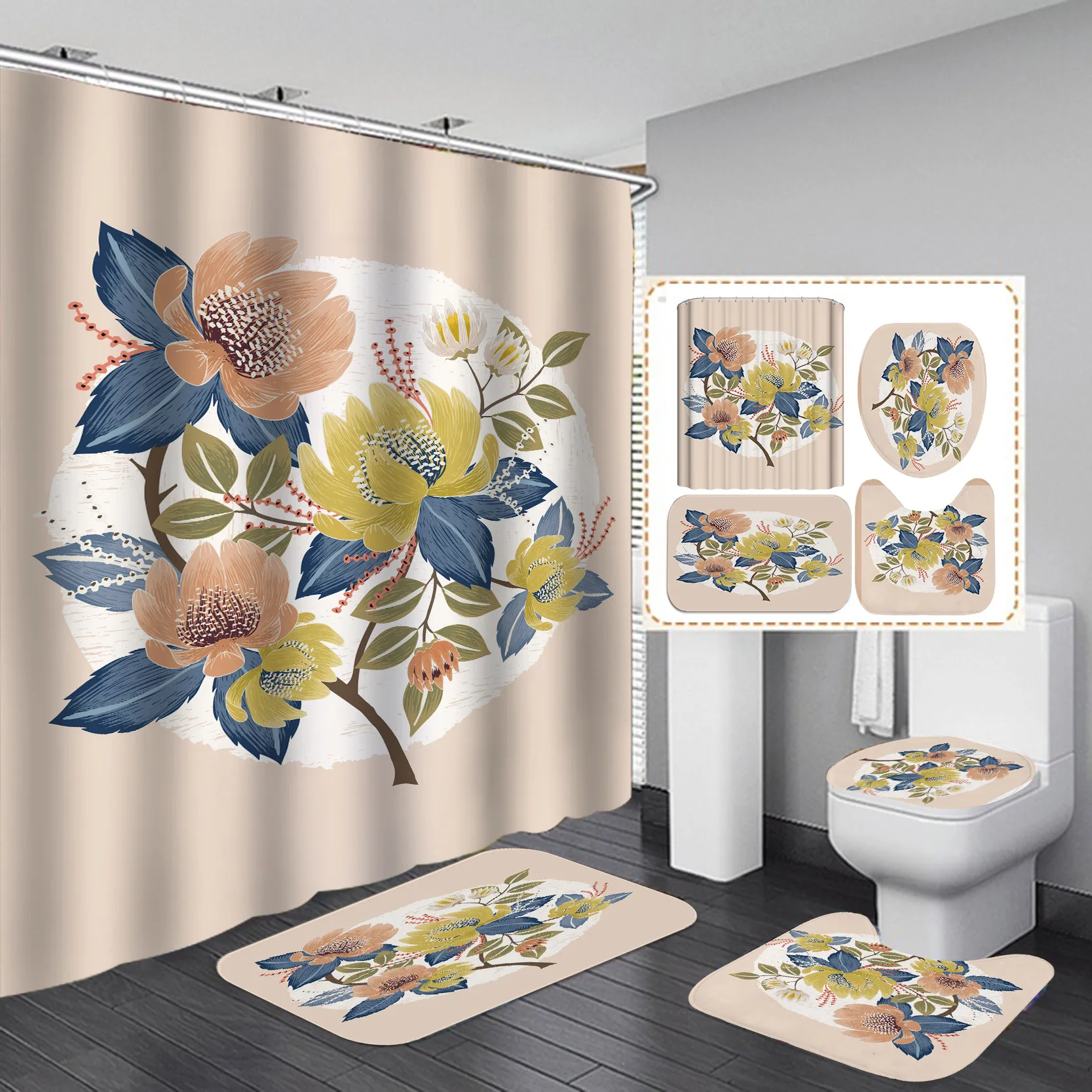 Bloem Douche Bad Gordijn Zonnebloem Anti-Muildauw Waterdicht Polyester Vloer Pad Set Digital Printing Home and Hotel Bathroom Decor