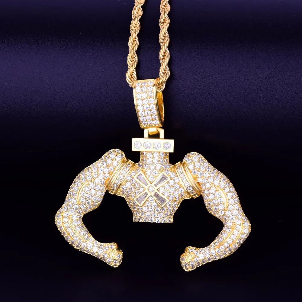 Ouro Big Block Flexing Pingente Cubano Cadeia Colar de Prata Cor Cubic Zirconia Hip Hop Rock Jóias Dos Homens 5.2x5 cm