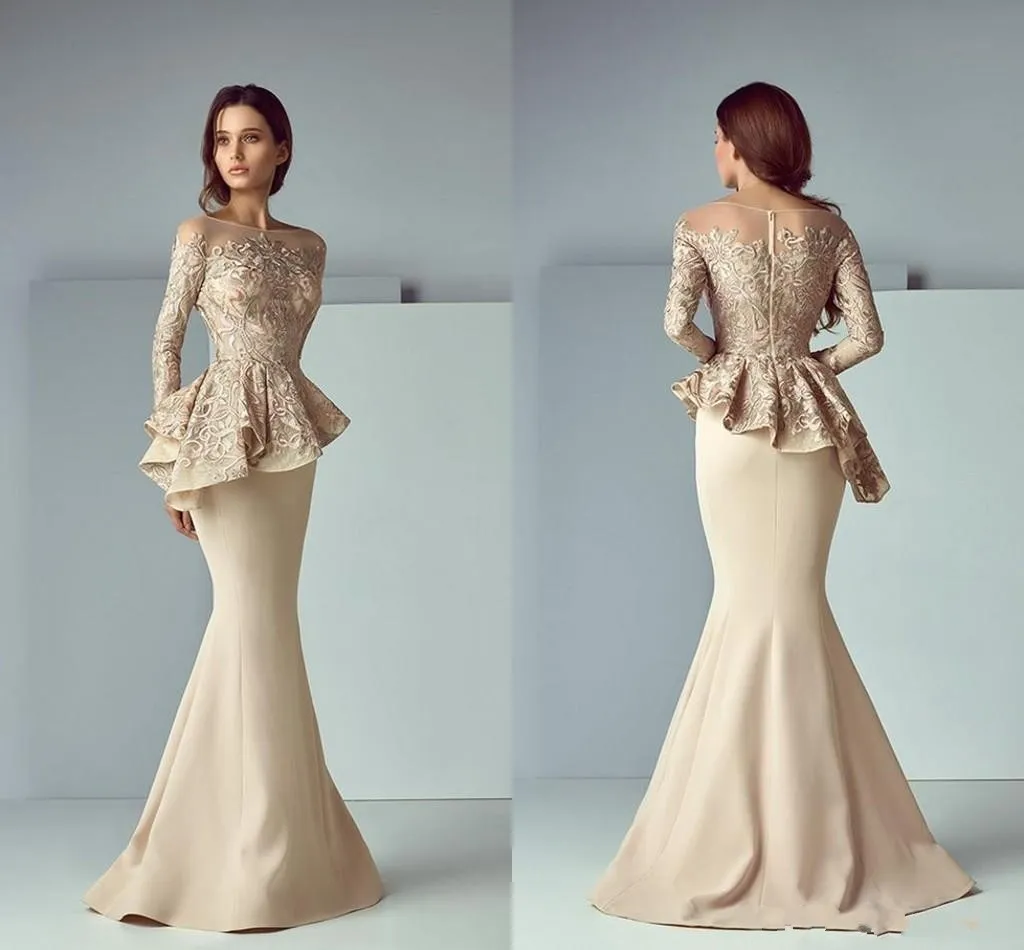 2023 Sexy Evening Dresses Champagne Plus Size Mermaid Arabic Sheer Neck Long Sleeves Lace Appliques Ruffles Sweep Train Prom Party Gowns Mother Dress