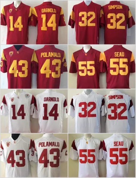 USC Trojans 14 قمصان كرة القدم لكلية Sam Darnold 32 O.J Simpson 55 Junior Seau 43 قمصان كرة القدم بجامعة Troy Polamalu