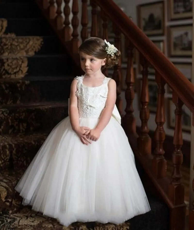 Новая Симпатичная белый Тюль принцесса бальных платья для свадебного банкета маленьких детей платья девушка цветка Puffy Тюль юбка рукава танцующего платья