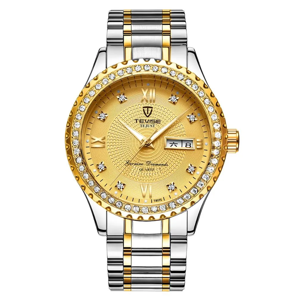 TEVISE Golden Men Quartz Watch Stainless Steel Date Waterproof