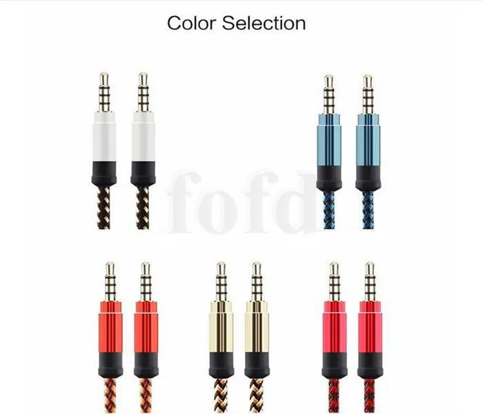 Gevlochten weefsel aux audio kabel lijn 5ft 1,5 m 3m 3,5 mm mannelijke stereo aux audio-uitbreiding kabels voor mobiele telefoons mp3 speaker tablet pc 100pcs up