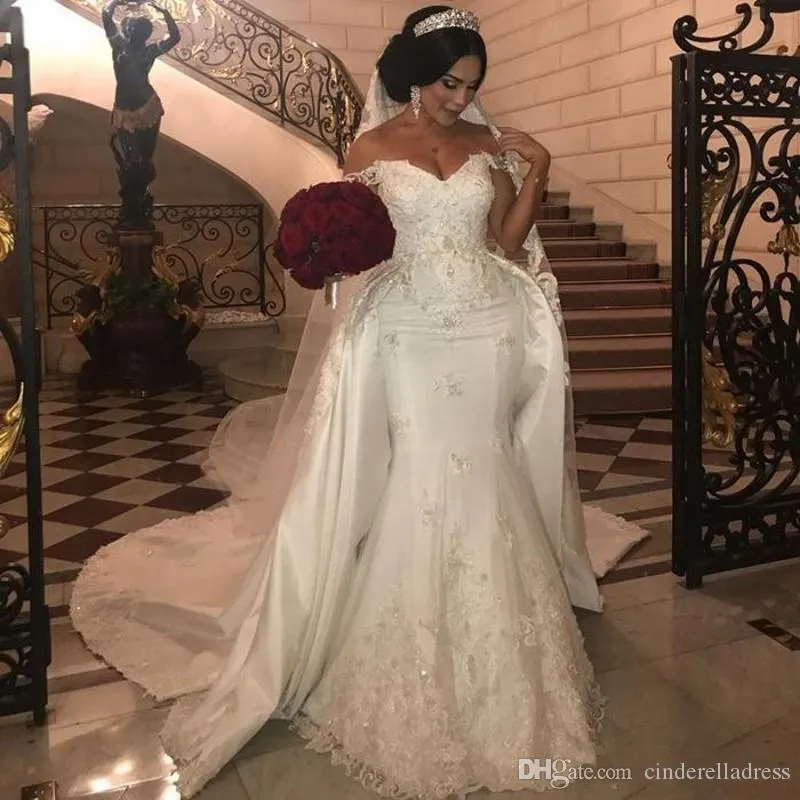 2020 African Overskirts Wedding Dresses Plus Size Lace Appliques Off The Shoulder Mermaid Wedding Dress Beads Sequins Bridal gowns