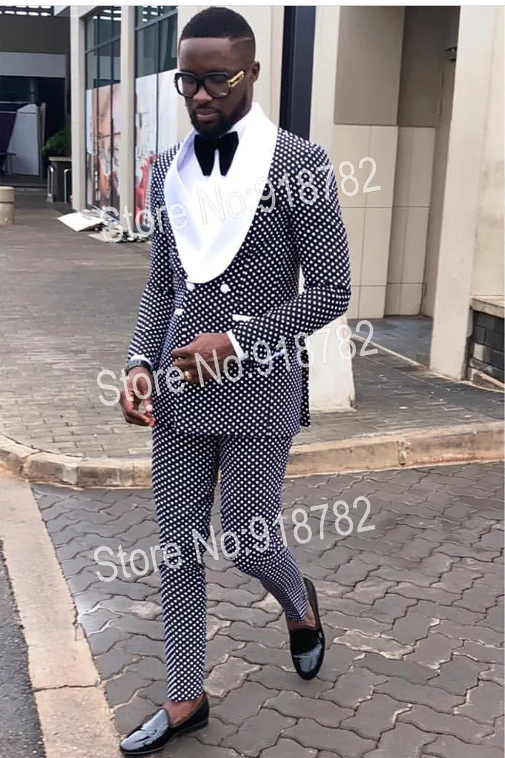Bröllopskläder för 2018 Ny designer svart vit punkt dubbelbröst kostym män terno masculino slim fit kostym homme c18122501