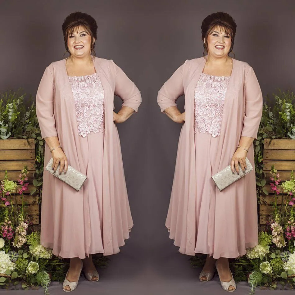 Vestidos Plus Size para Mãe da Noiva com Jaqueta Chiffon A Line Barato Vestidos de Noite com Renda até o Joelho Vestido de Convidado de Casamento