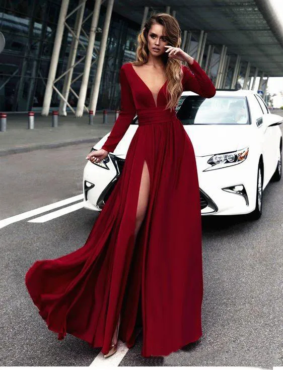 Elegante Red Evening Dress With Long Sleeve Sexy V Neck Chiffon