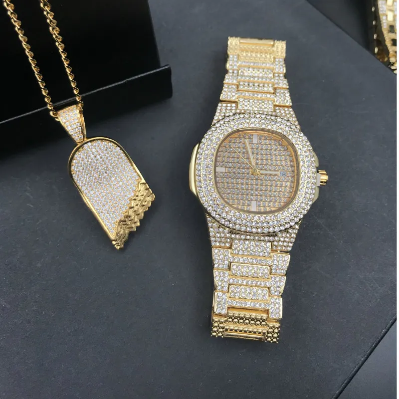 Orologio elegante con gioielli hip-hop in oro Collana Combo Set Watch Diamond Men Ciondolo ghiacciato con catena Franco