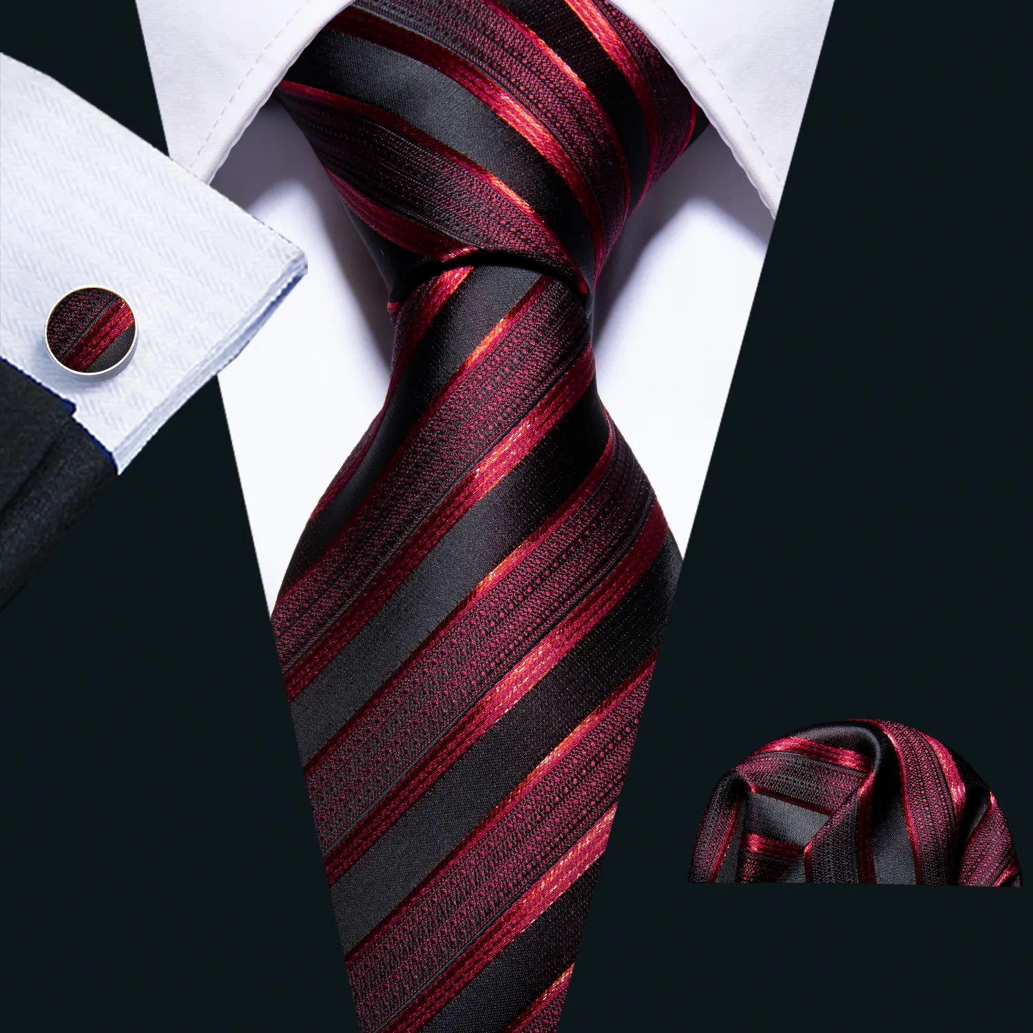 Szybka Wysyłka Krawaty Męskie 100% Jedwabne Projektanci Moda Czarne Czerwone Paski Krawat Hanky ​​Spinki do mankietów Zestawy dla Męskie Formalne Wedding Party Groom N-5022