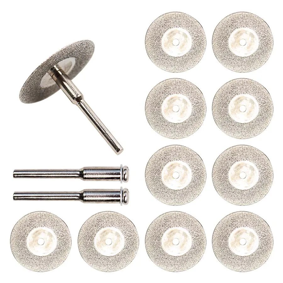 10 stks / set 30mm Mini Diamond SAW Blade Silver Snijschijven met 2x Verbindingsschacht voor Dremel Boor Fit Rotary Tool