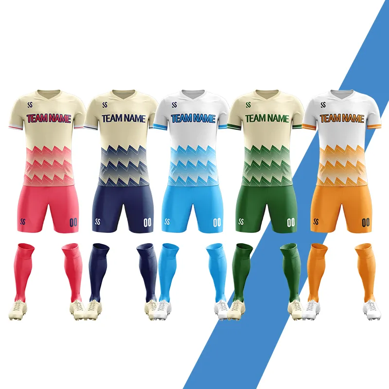 Anpassade fotbollsuniformer Kit gratis design Soccer Team Shirt Topps snabba torrt andningsrestrar