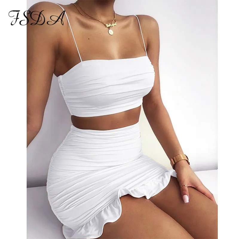 FSDA Estate 2020 Set da donna con cinturino per spaghetti Crop Top bianco sexy e mini gonna aderente con volant Party Outfit Club set a due pezzi