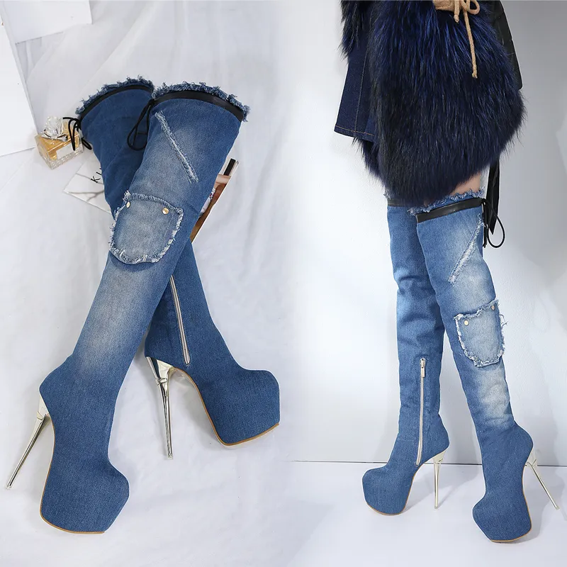 Seksowne kobiety Denim Niebieski Cienki Heel Heel Over The Kolee Udo High Boots Winter Party NightClub Wziewanie Rozmiar od 34 do 40