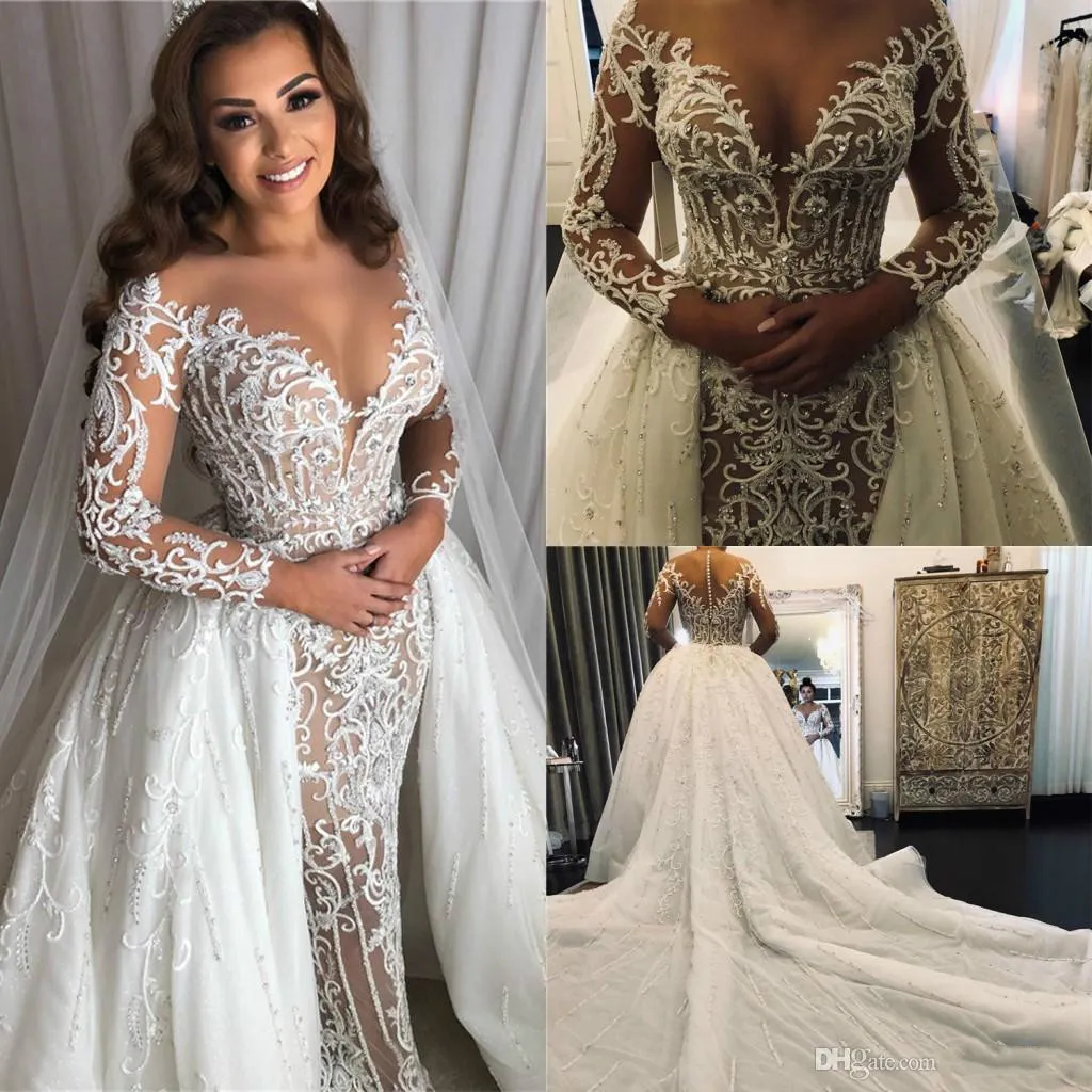 sexy mermaid dresses crystal beaded lace illusion long sleeve detachable train bride gowns custom made wedding gown