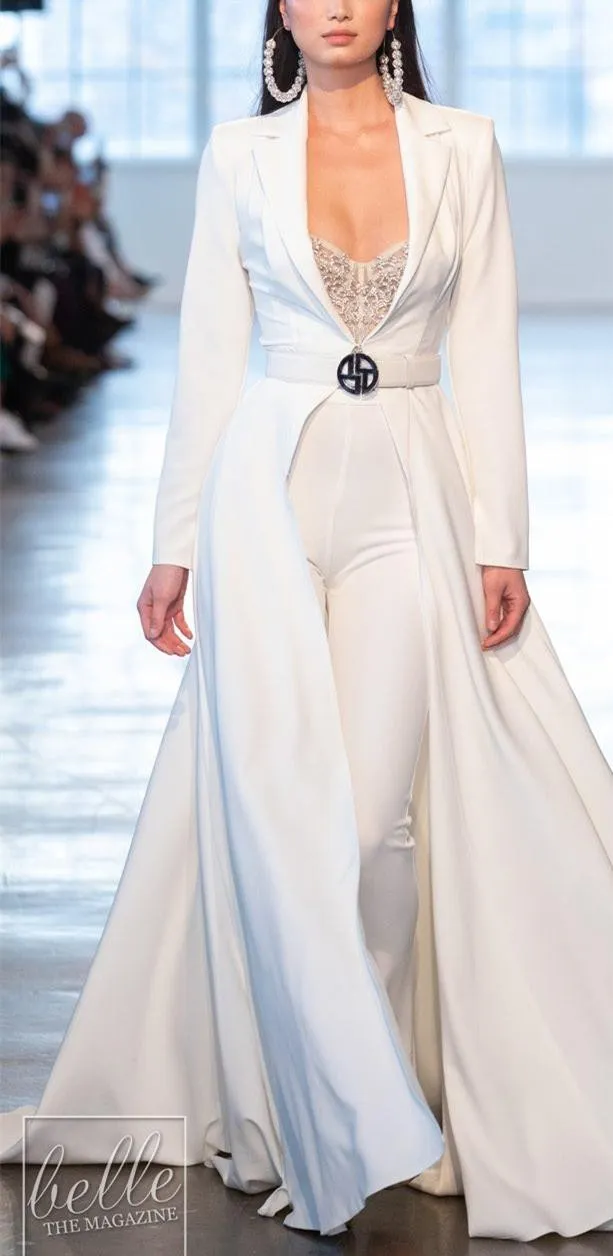 2020 Berta White Evening Dresses Jumpsuits Long Sleeve Satin With