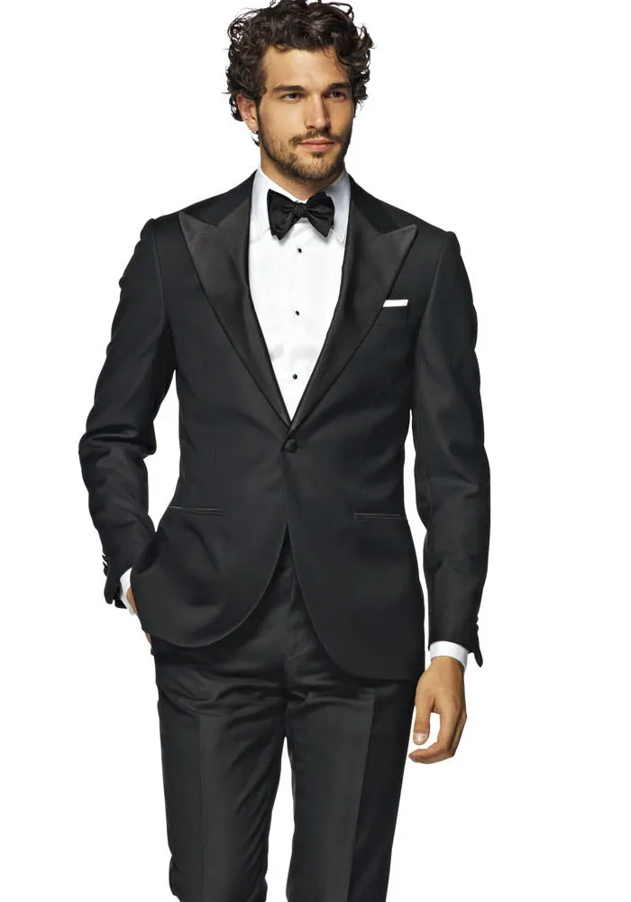 Bleu Marine Noir Mens Tuxedos De Mariage Peak Revers Groomsmen Tuxedos Populaire Homme Blazers Veste 2 Pièce Costume (Veste + Pantalon + Cravate) 1682