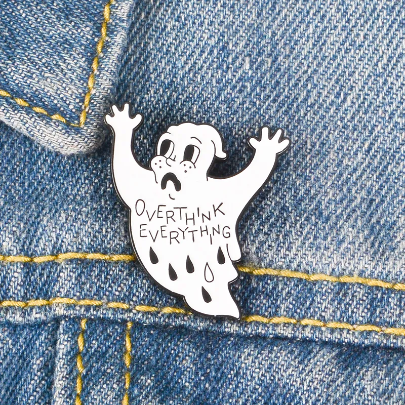 Ghost Enamel Pin White Specter Lapel Broszka Overthink WSZYSTKO DENIM Bagde Mniej zmartwiona Biżuteria Szczęśliwa jest najważniejsza