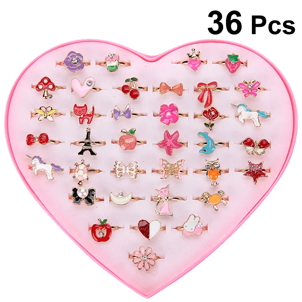 36 st Alloy Cartoon Rings Färgglada Härliga Justerbara Smycken Gifts Party Favoriter Leksaker För Barn Barn Flickor