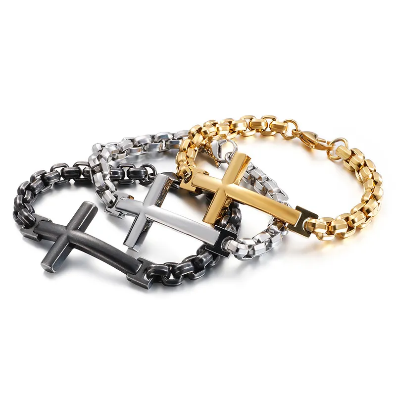 Goud zwart roestvrij staal afgeronde vierkante parel doos ketting schakel armband mannen heren vintage hiphop biker cross armbanden armbanden sieraden