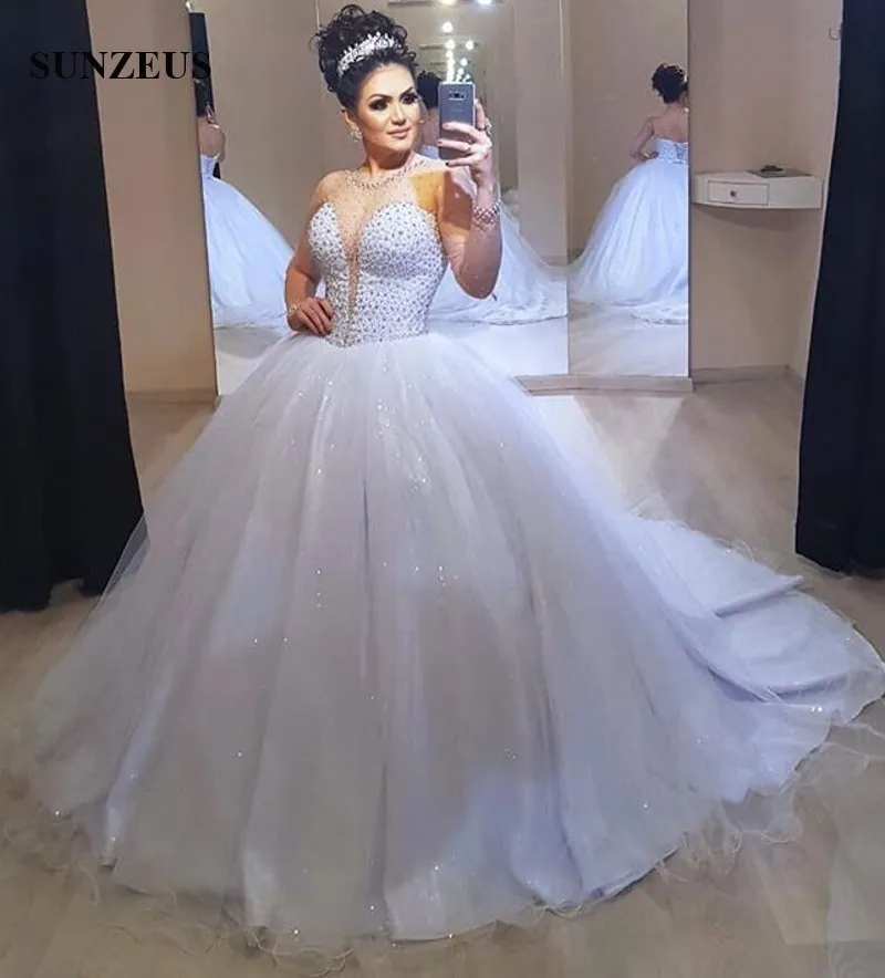 Luxo strass frisada vestidos de casamento 2019 mangas compridas vestido de baile vestido de noiva faísca lantejoulas tule vestido marrom vestidos de matrimoni