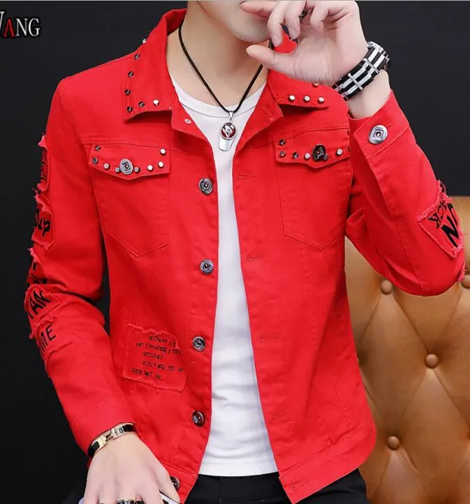 Spring 2020 Men Denim Jacket male Korean version hole denim trend rivet jacket COAT JEAN Outerwear TOPS