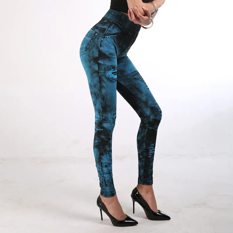 Gym Leggings Faux Denim Jeans Leggings Pocket Printing Leggings Casual Hoge Taille Potlood Broek Plus size Yoga Broek