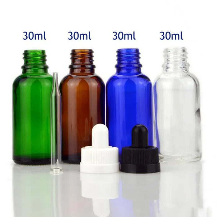 Kosmetische Glasflasche, 30 ml, runder Tropfbehälter mit schwarz-weißen, kindersicheren Deckeln und Glaspipettenröhrchen für E-Liquid-Saft-Essenz