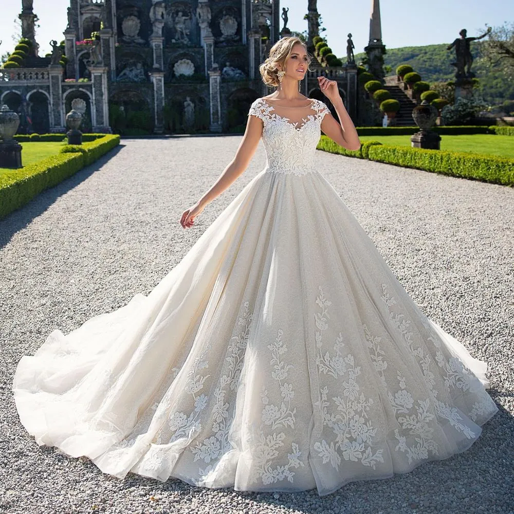 2020 Church Cap Sleeve Wedding Dress Lace A Line Ball Gown With