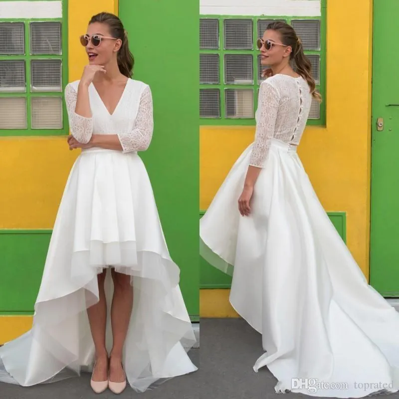 Hi New Beach Lo Puffy Tulle Wedding Dresses White V Neck Sheer 3/4 Sleeves Sweep Train for Bridal Gowns with Covered Buttons Vestidos estidos