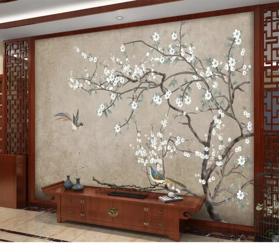 wallpaper for walls 3 d for living room flower and bird figure TV background wall background painting