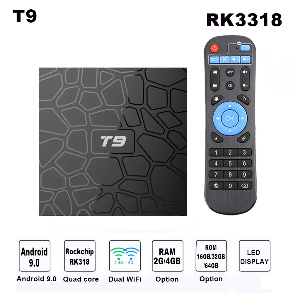 T9 Android 9.0 TV Box Smart TVBOX Quad Core 4K Media Player 4GB RAM 32 GB / 64 GB ROM H.265 2.4G / 5G WIFI USB3.0 Ustaw TOPBOX