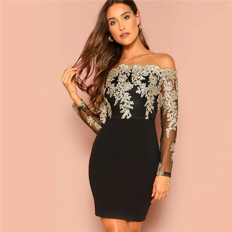 SHEIN Black Sexy Off The Shoulder Embroidered Mesh Bodice Bardot Bodycon  Dress Women Long Sleeve Summer Going Out Party Dresses Y19042303 From  Shenyan01, $27.14