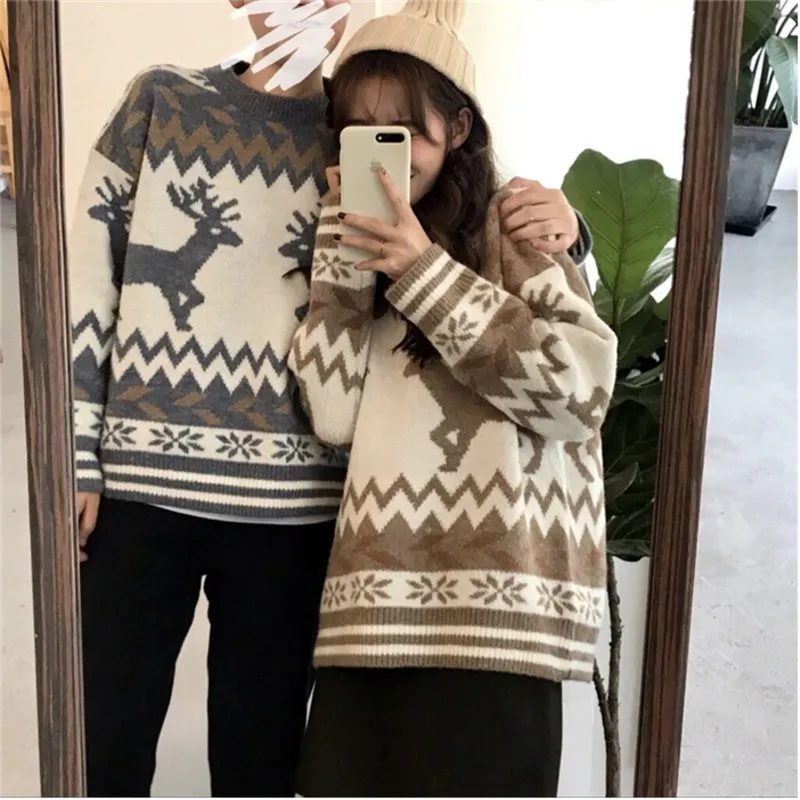 Vrouwen wintertrui mannen warm dikke mode retro patroon o-neck lange mouwen breien pullover man casual losse paar kleding mode