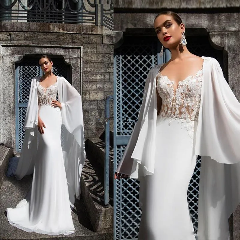 2019 Neue Brautkleider im Meerjungfrau-Stil mit transparentem Ausschnitt und langen Cape-Applikationen, verdeckter Knopfleiste am Rücken, Burg-Brautkleid, Illusion-Top-Brautkleid