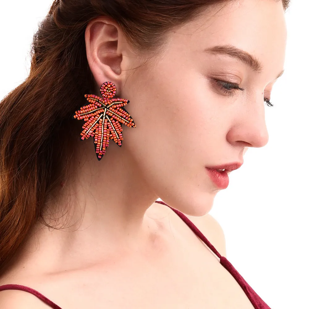 New Bohemia Fashion Jewelry Women's Beaded Maple Leaf Earrings Hand-made Beads Dangle Stud Earrings S727