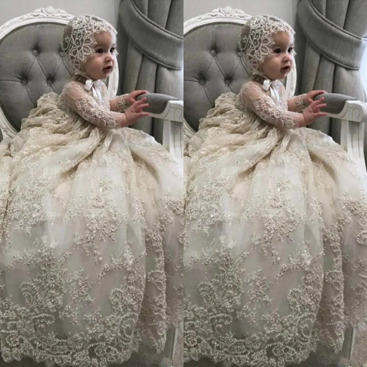 White Ivory Christening Gown for Little Kids O Neck Long Sleeve Lace Pearls First Communion Dress Toddler Infant Baptism Gowns