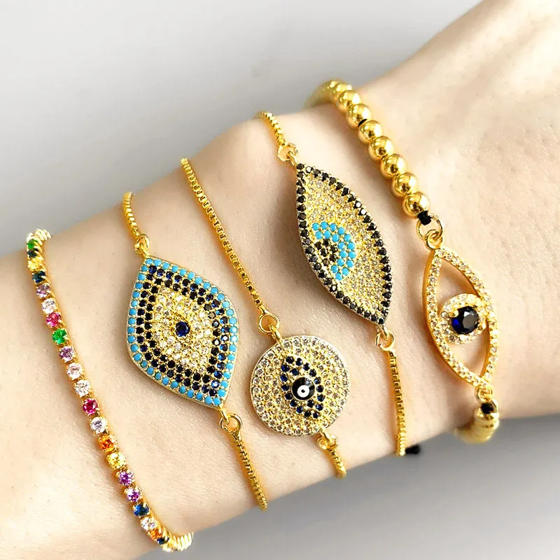 Trendy Women Blue Eye Bracelets 18K Yellow Gold Plated Colorful CZ Links Bracelet for Girls Women Nice Gift for Friend