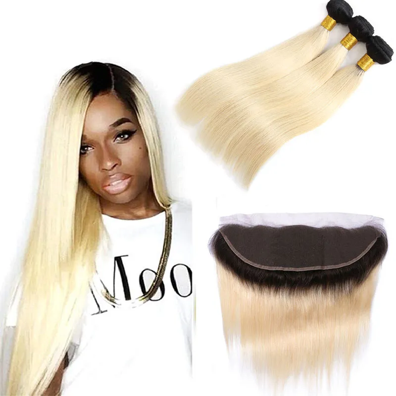 Indian Virgin Hair 1B/613 dubbelfärg 3-buntar med 13x4 spets frontala 4 stycken/mycket mänskliga hårförlängningar 12-24 tum 1b 613 blondin