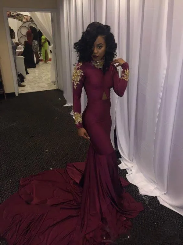 2019 Fashion Women Wine Red Prom Dress Sexy South African Gold Appliques Burgundy Long Formal Evening Party Gown Custom Made Plus Size